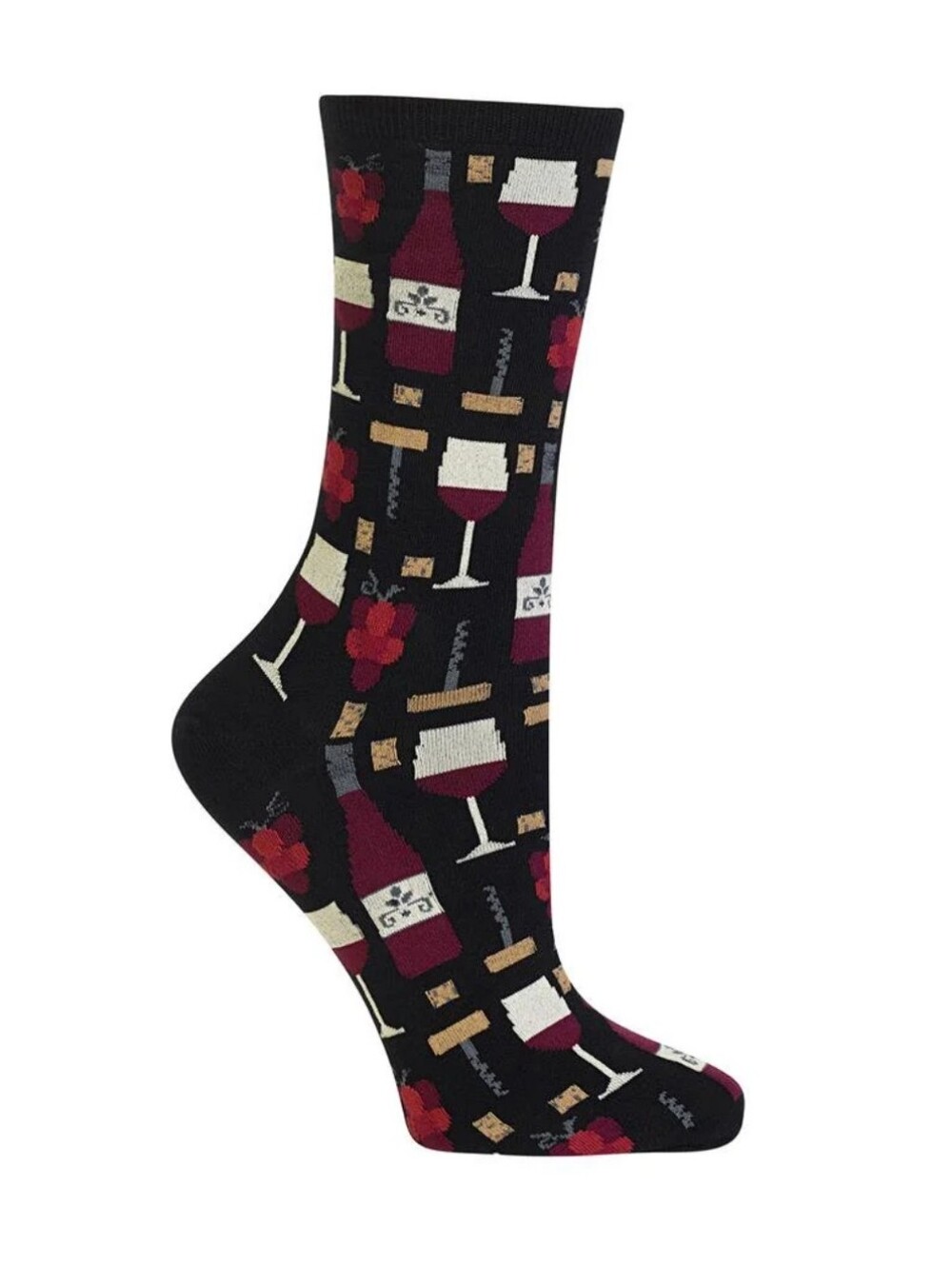 Hot Sox Women's Black Wine Glass & Grape Pattern Crew Socks NWT